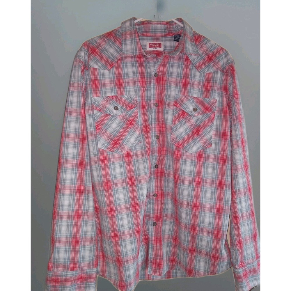 Men's WRANGLER Western Cowboy Plaid Button Down Shirt Size Large RED & GRAY Sz L